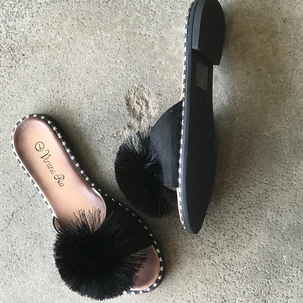 Back in Stock! Verano Rio Pompon Black Mule Slide In Padded Sandals - Picture 5 of 8